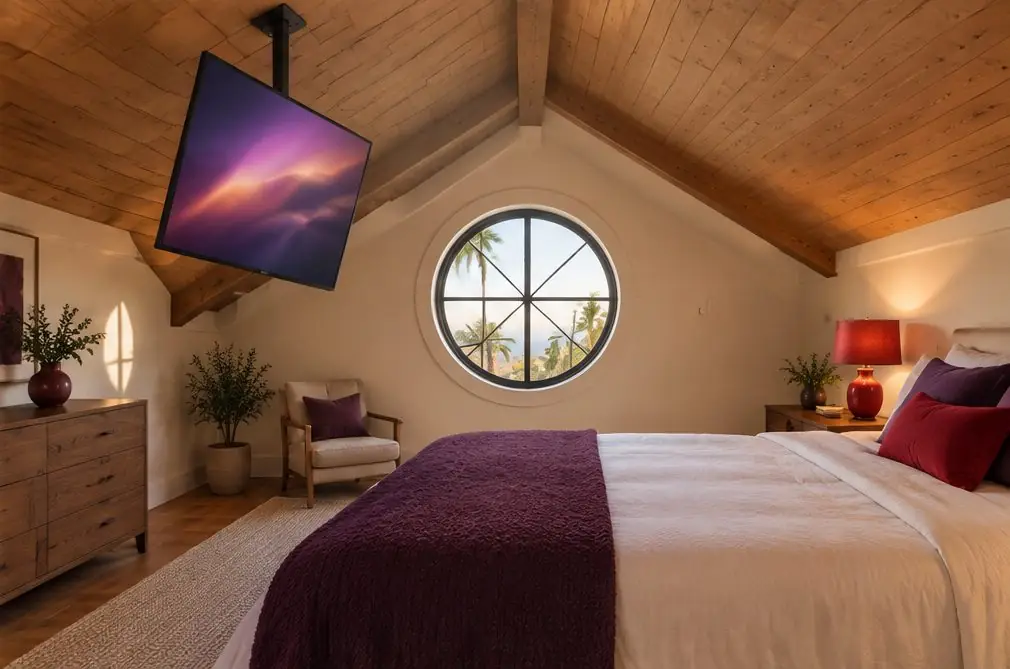 Illustration: a TV hanging from a ceiling mount on a short drop pole in a loft room with a pitched ceiling and a bed below