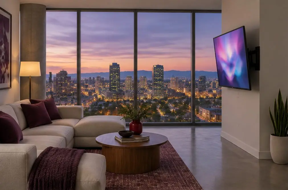 Illustration: a TV mounted on a pale gray wall in a high-rise condo living room with floor-to-ceiling windows and a city view