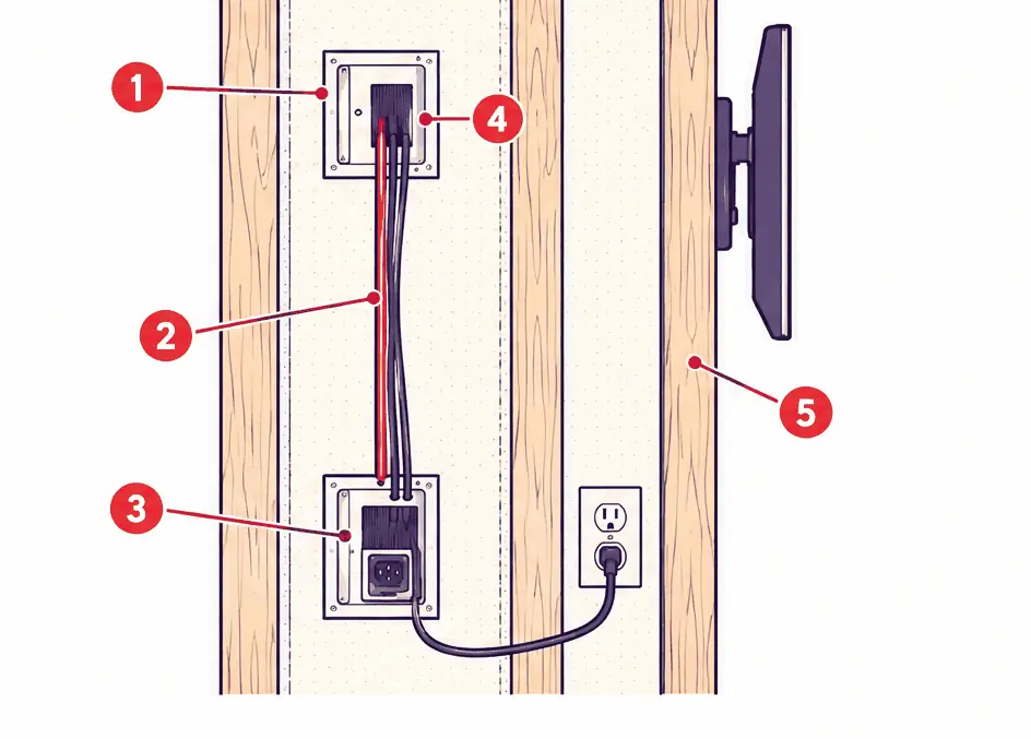 Diagram: side section of a drywall cavity between two studs with an upper recessed box behind a wall-mounted TV, rated in-wall cable, a lower inlet box and a short cord to an existing outlet