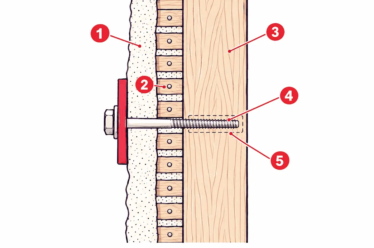 Diagram: side section of a plaster wall over wood lath and a stud, a long lag bolt through the plaster and lath deep into the stud, with a dashed pilot hole