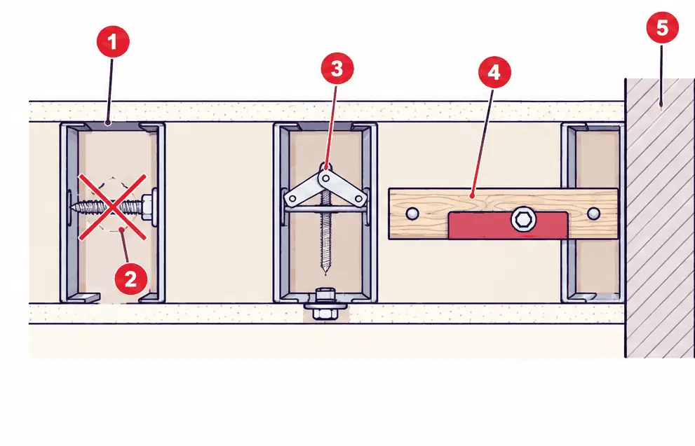 Diagram: top section of a condo steel-stud wall showing a lag bolt that does not hold, a toggle through the stud face and a wood backer board across two studs