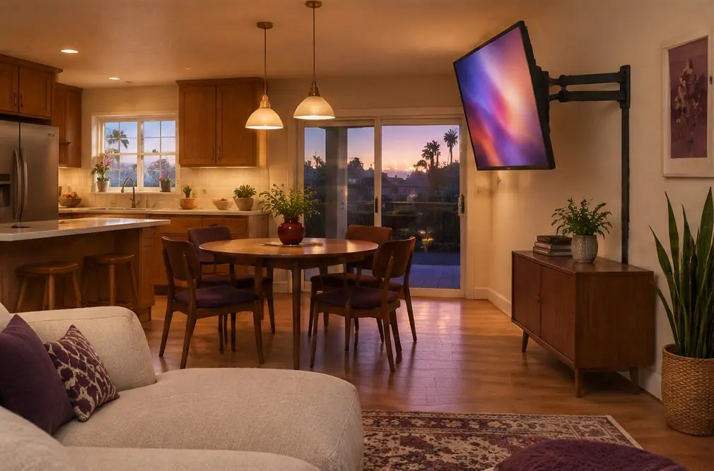 Illustration: a TV on an extended articulating arm turned toward a dining table in an open Anaheim kitchen and family room