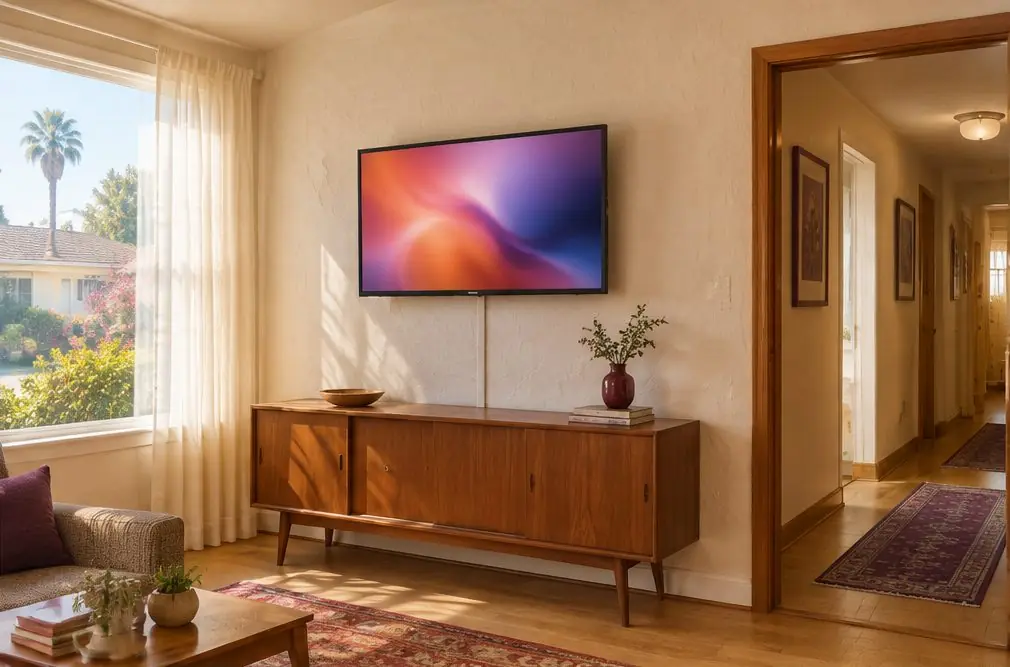 Illustration: a TV mounted on a painted plaster wall in a small mid-century living room with a picture window, a wood-trim doorway and a vintage sideboard