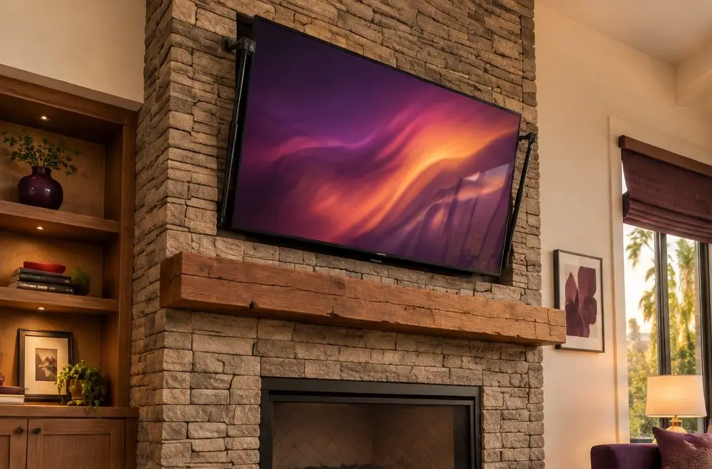 Illustration: a TV above a stacked-stone fireplace and wood mantel in an Anaheim family room, with a pull-down mount arm visible at the side