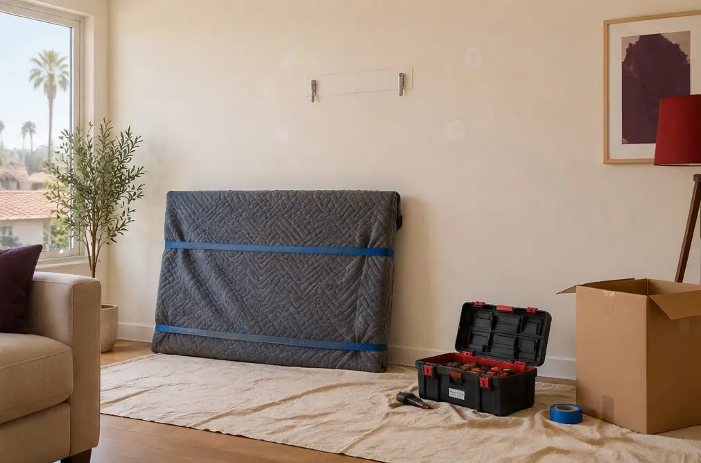 Illustration: a TV leaning in a padded blanket beside an empty wall bracket and a few small patch marks on a living room wall